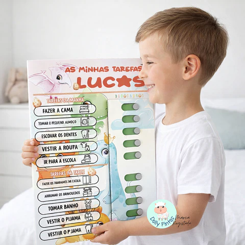 Quadro de Tarefas Diárias Infantil "Dinossauros" Personalizado