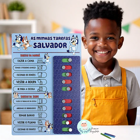 Quadro de Tarefas Diárias Infantil "Bluey & Bingo" Personalizado