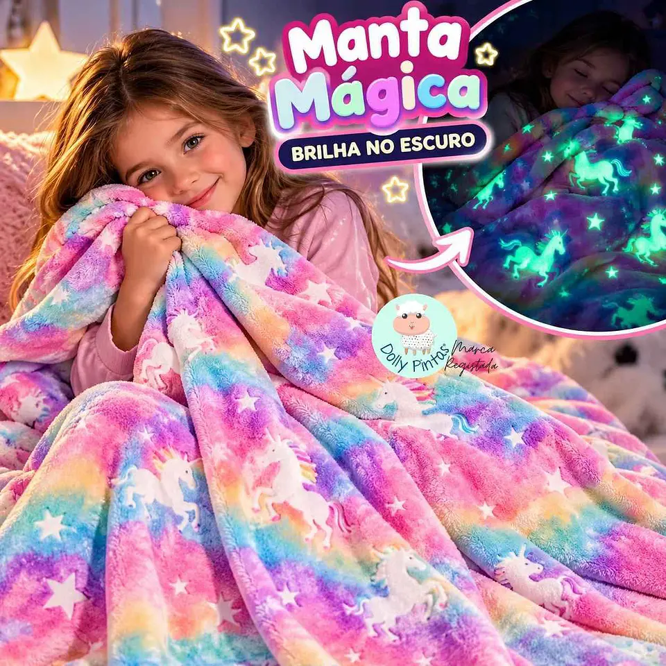 Manta Mágica UNICÓRNIOS E ESTRELAS RAINBOW (brilha no escuro) 1