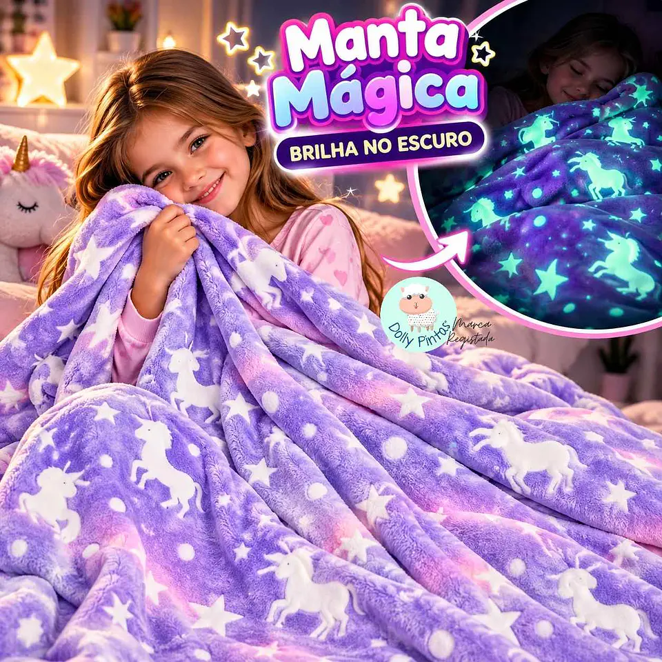 Manta Mágica UNICÓRNIOS E ESTRELAS LILÁS (brilha no escuro) 1
