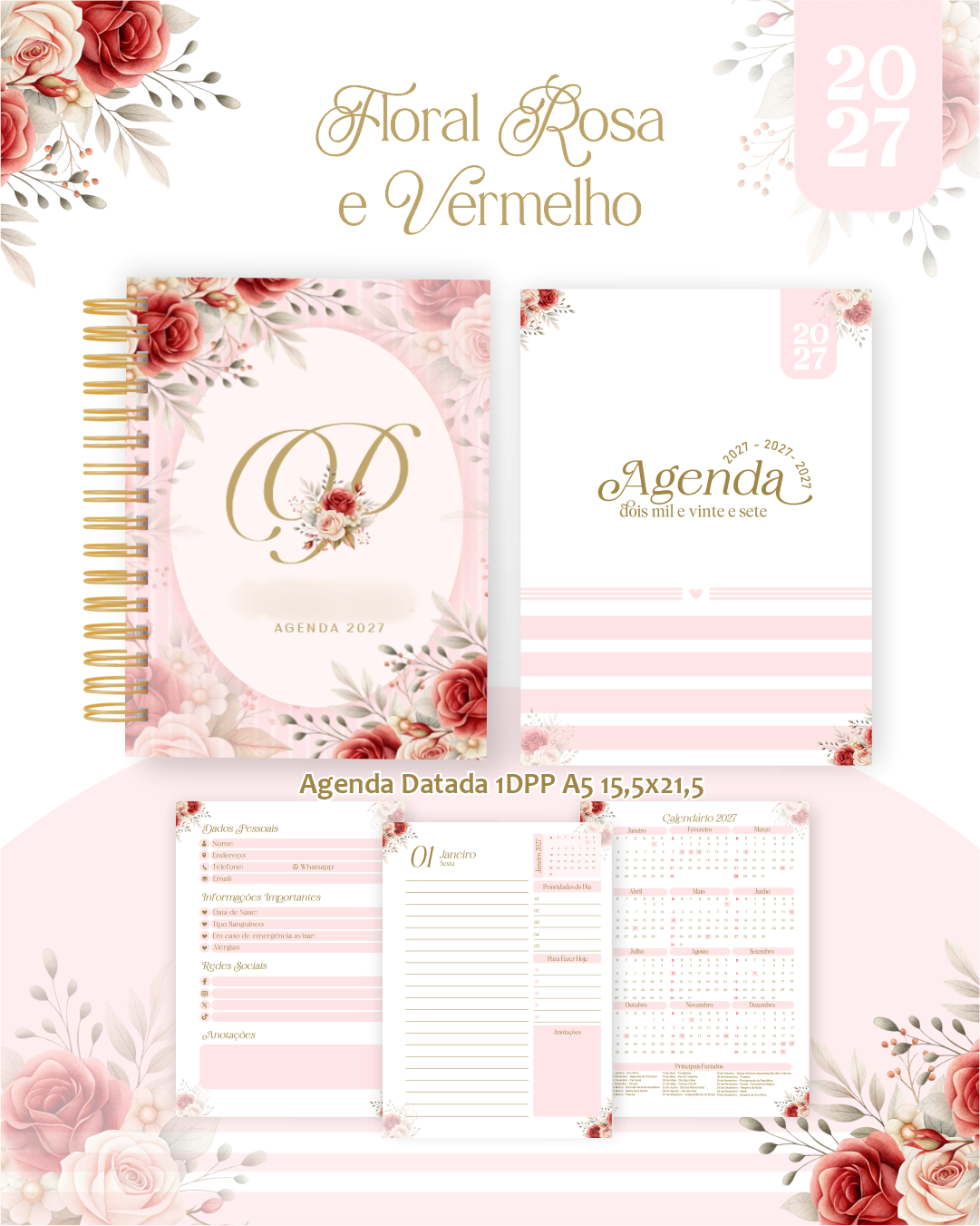 Floral Rosa e Vermelho - Encadernação 2027 1
