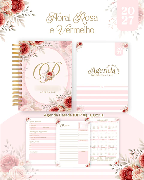 Floral Rosa e Vermelho - Encadernação 2027