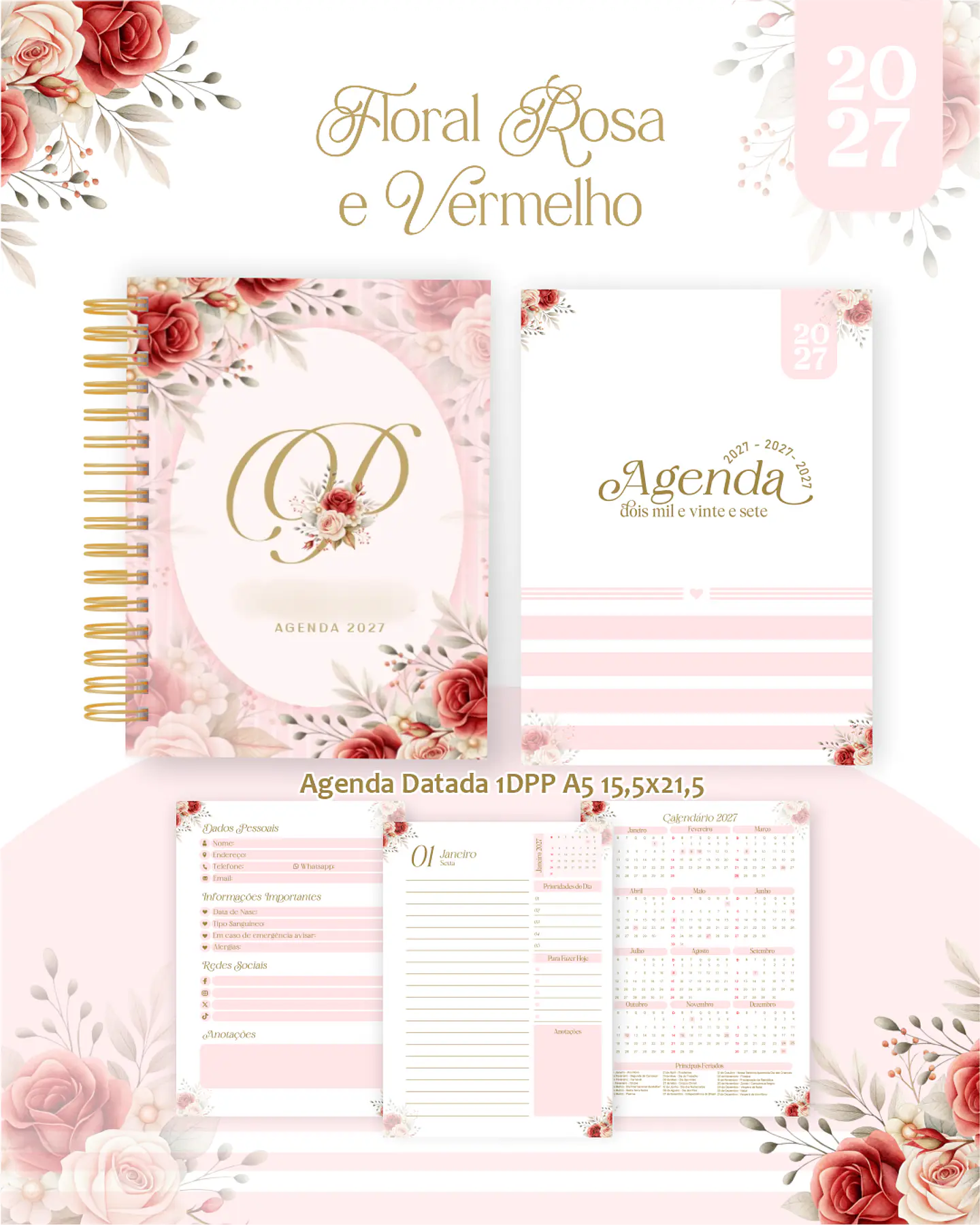 Floral Rosa e Vermelho - Encadernação 2027 1