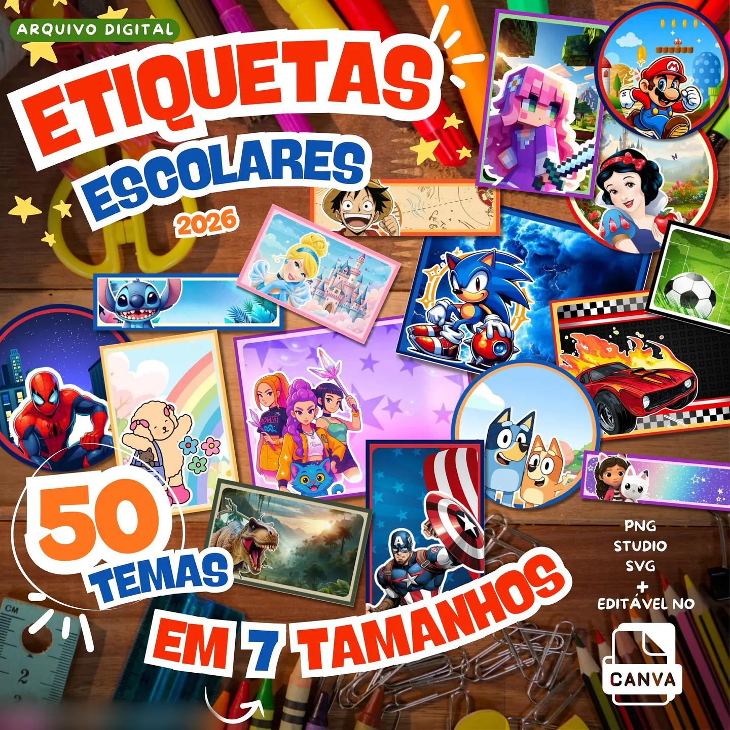 Combo Etiquetas Escolares (50 Temas) - Volta às Aulas 1