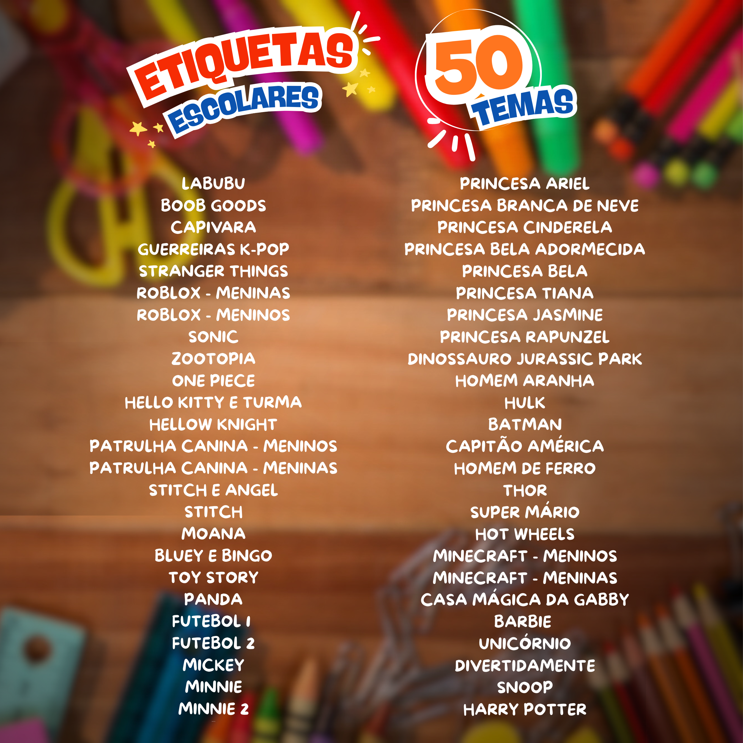 Combo Etiquetas Escolares (50 Temas) - Volta às Aulas 2