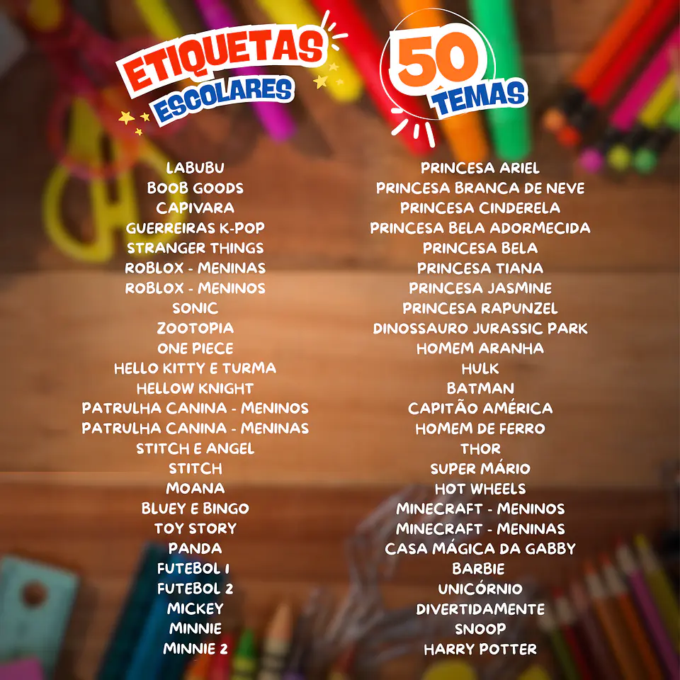 Combo Etiquetas Escolares (50 Temas) - Volta às Aulas 2