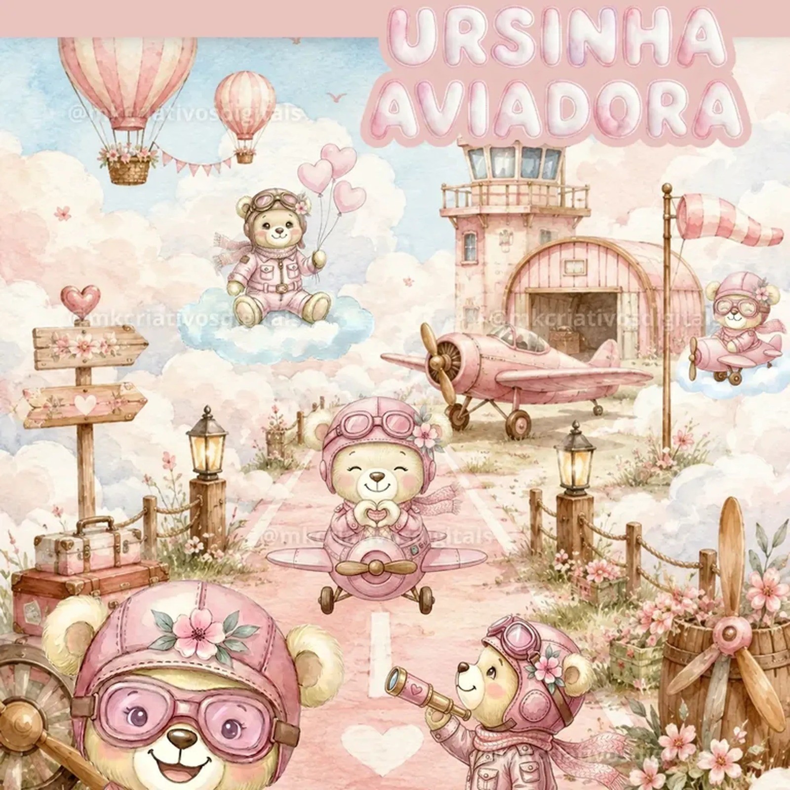 Ursinha aviadora rosa- Kit Digital  1