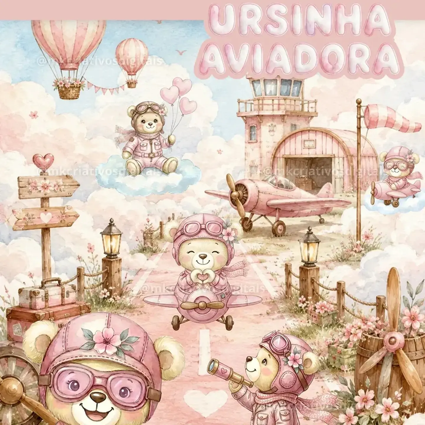 Ursinha aviadora rosa- Kit Digital  1