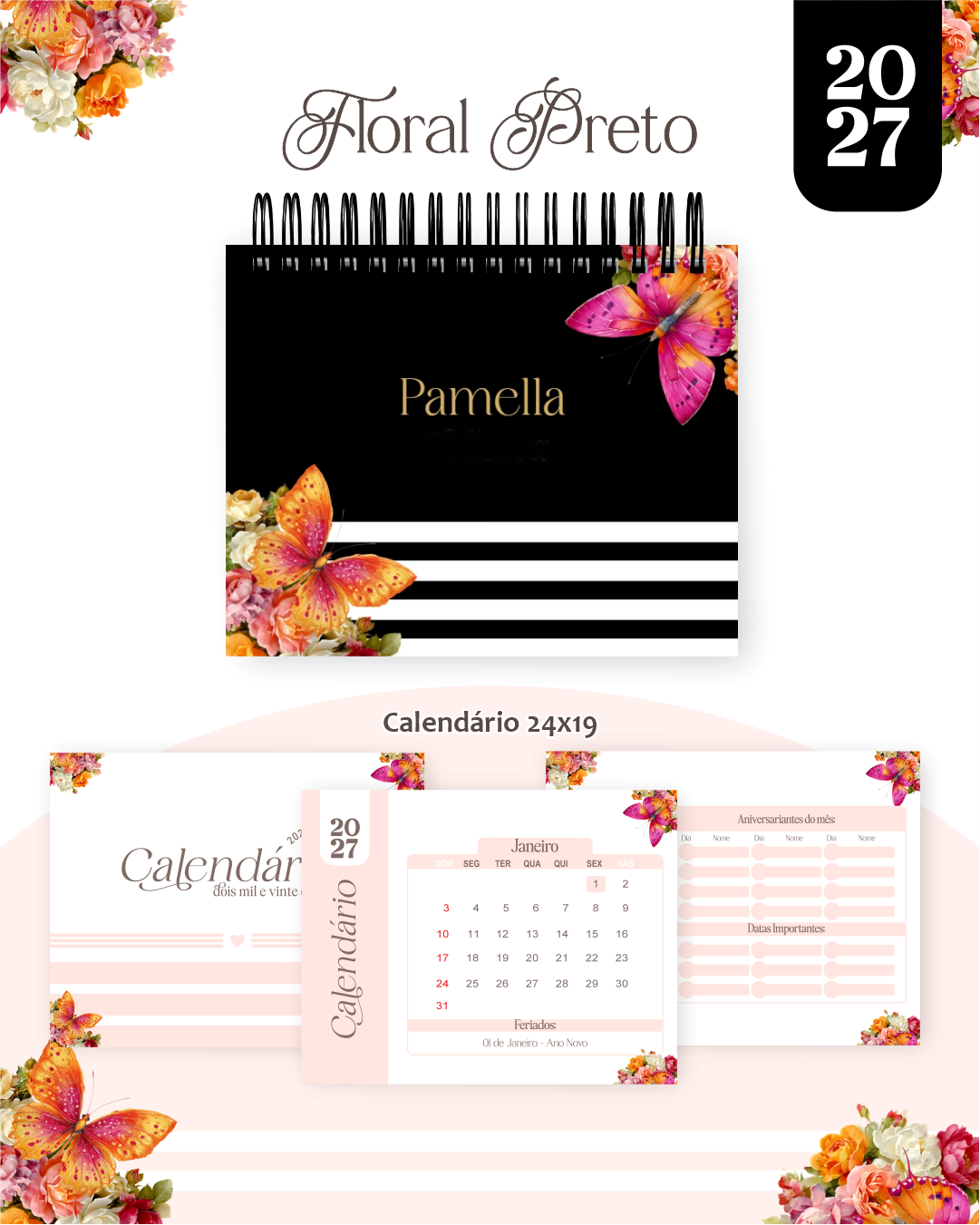 Calendário 2027 - Floral Preto 1