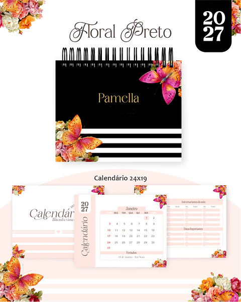 Calendário 2027 - Floral Preto