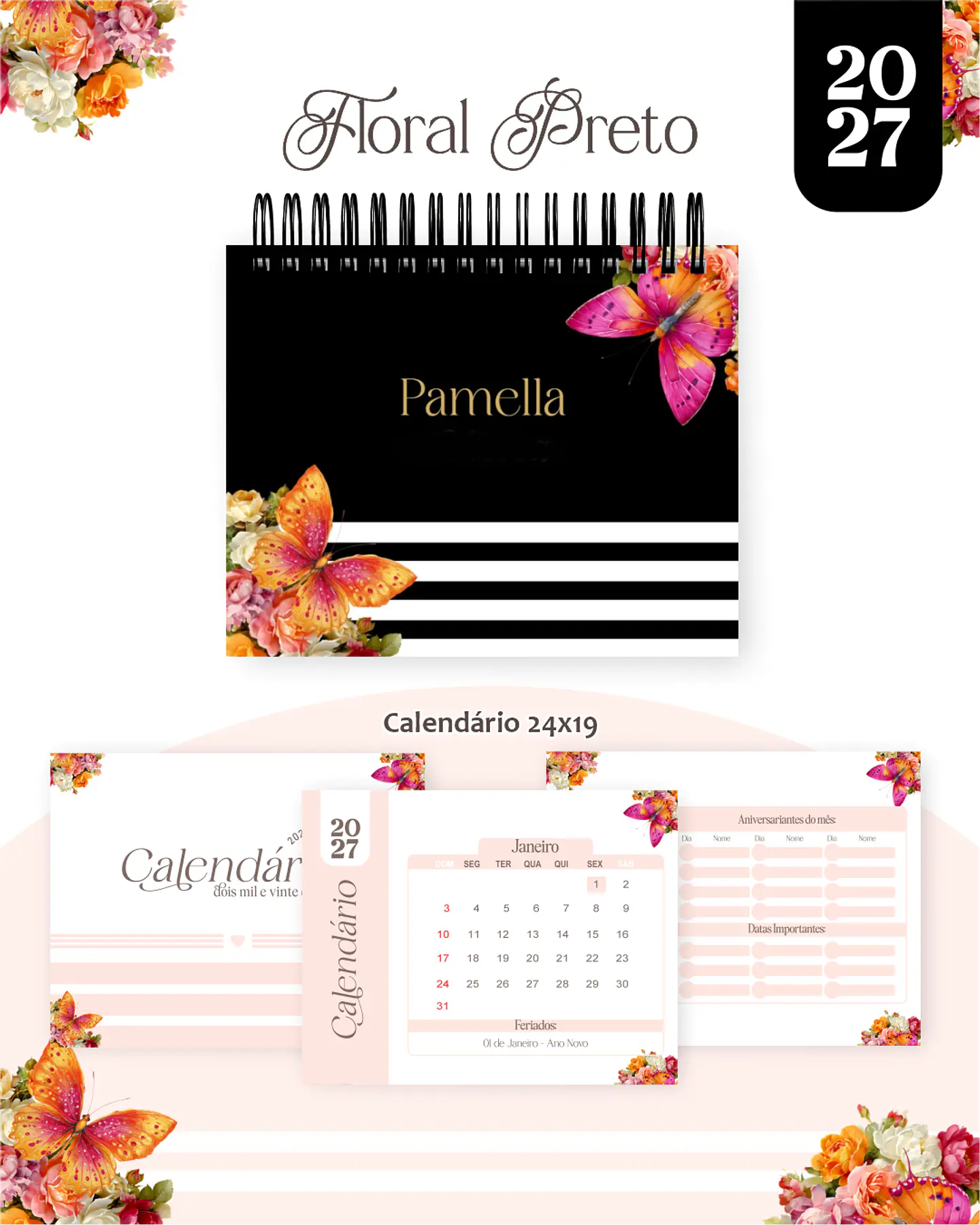 Calendário 2027 - Floral Preto 1