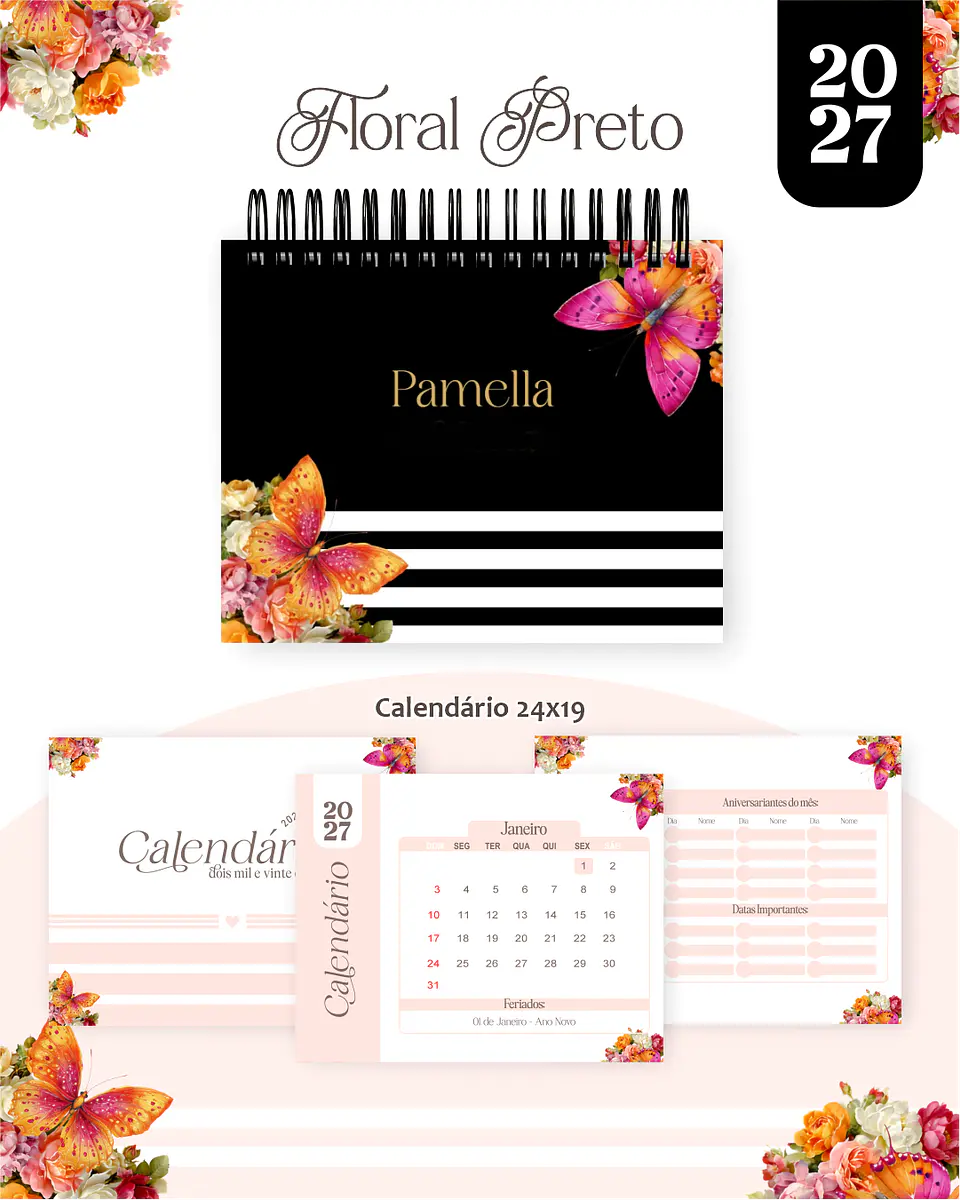 Calendário 2027 - Floral Preto 1