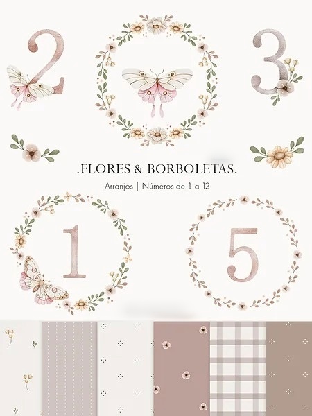 Mêsversário Borboletas e Flores - Kit Digital 1