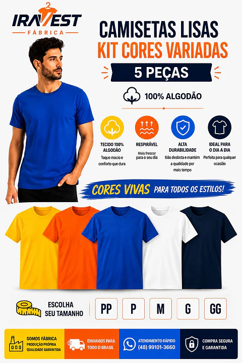 Camiseta algodão Kit cores variadas até 5 peças