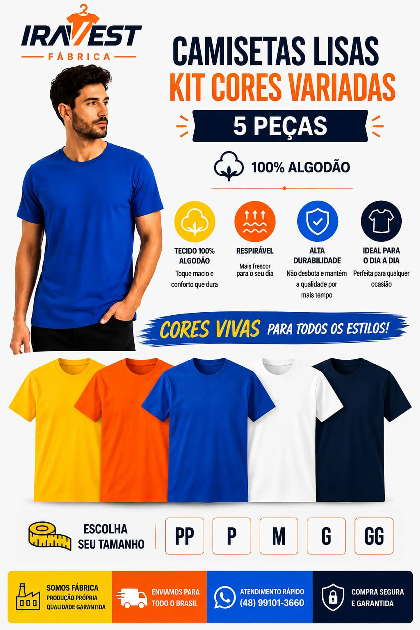 Camiseta algodão Kit cores variadas até 5 peças 1