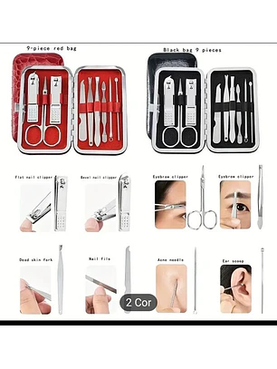 Conjunto de Manicure e pedicure com 9 peças, disponível em 2 cores.