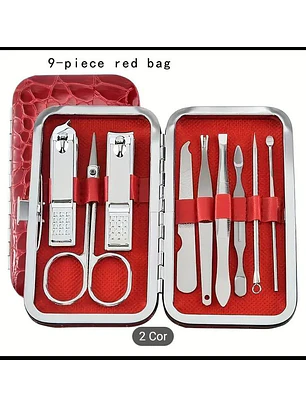 Conjunto de Manicure e pedicure com 9 peças, disponível em 2 cores.