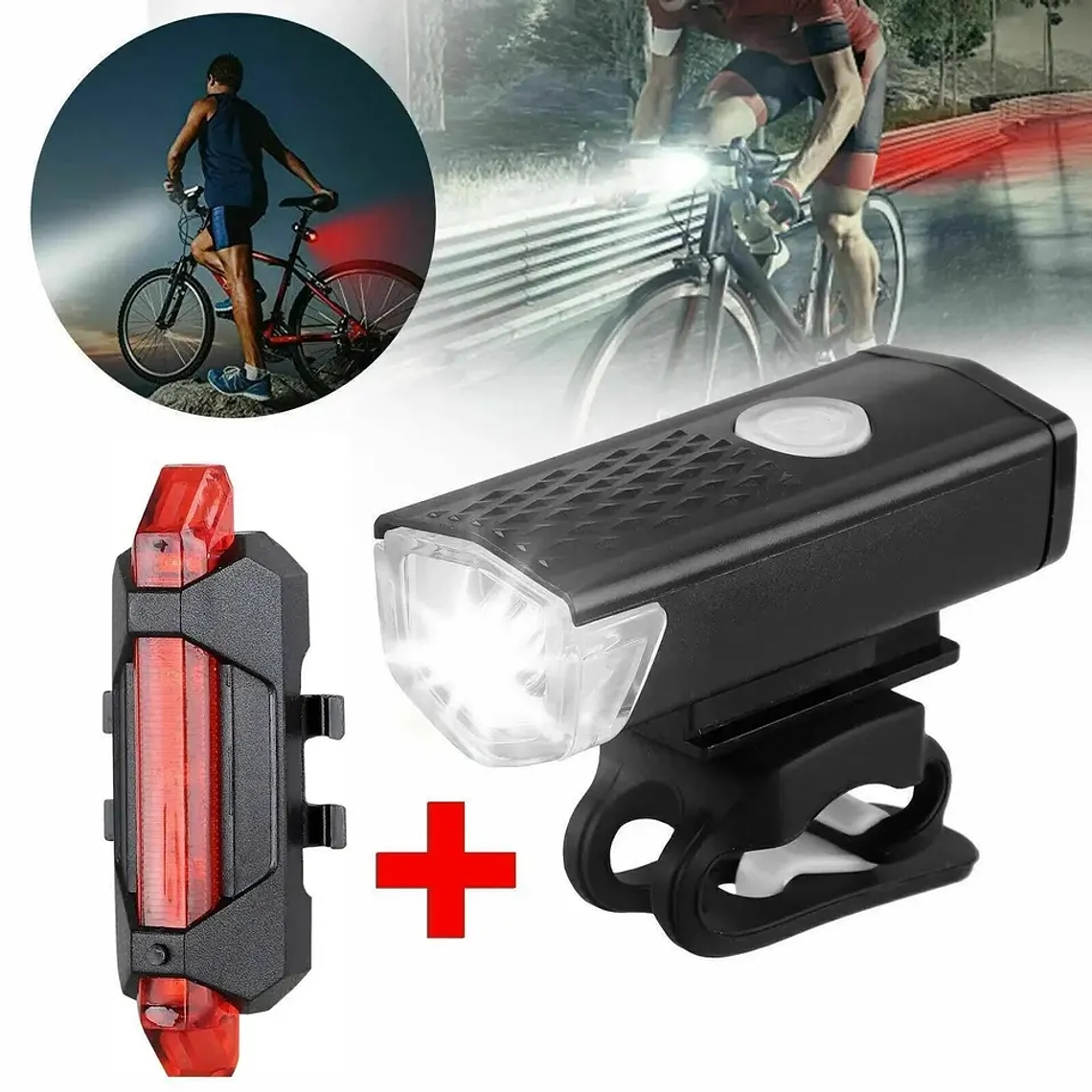 KIT FAROL BIKE FRONTAL + LANTERNA PISCA TRASEIRO LED Recarregável a  PROVA d'Água 1