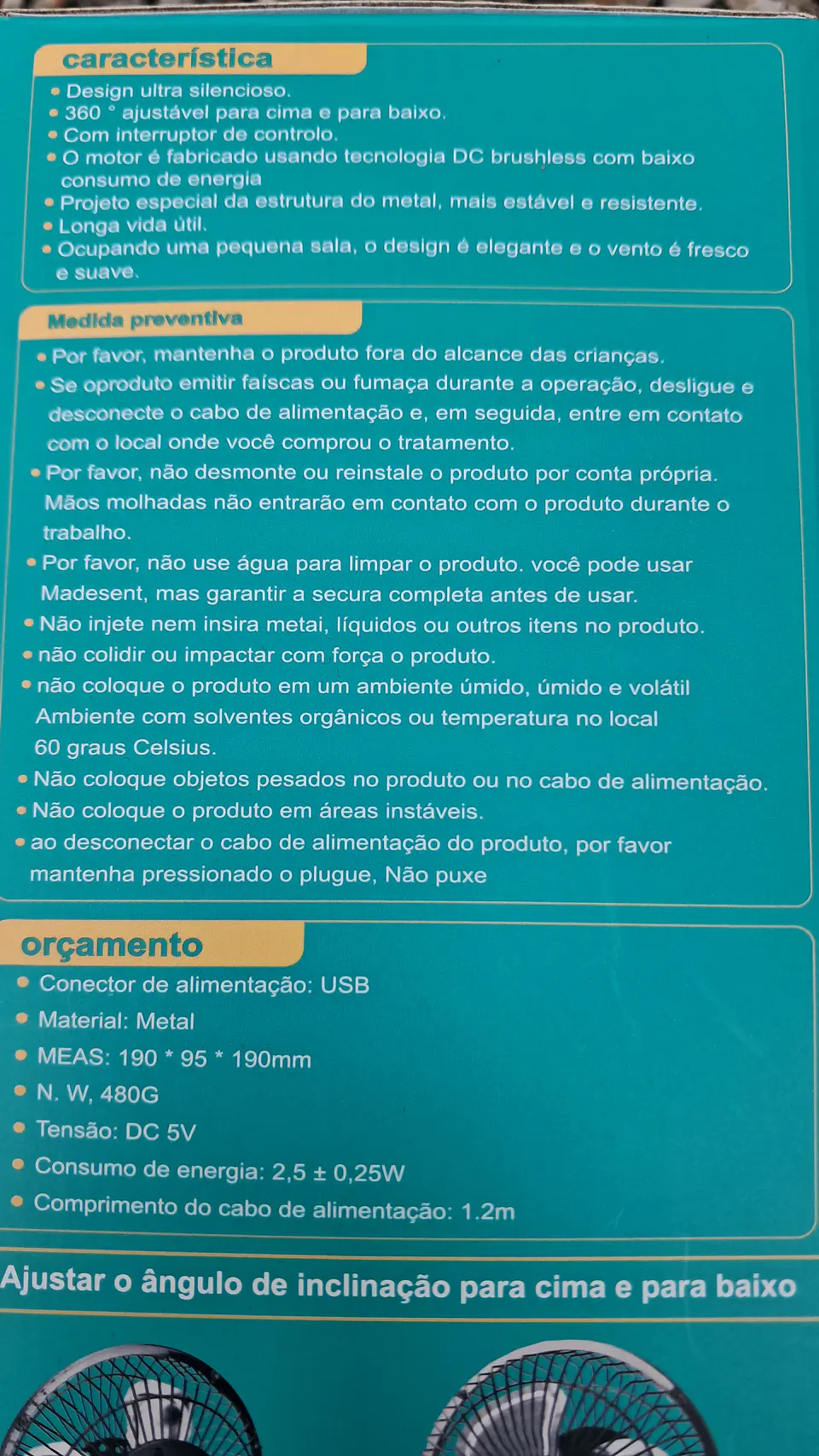 Ventilador de  mesa USB 12v ou 220v 6