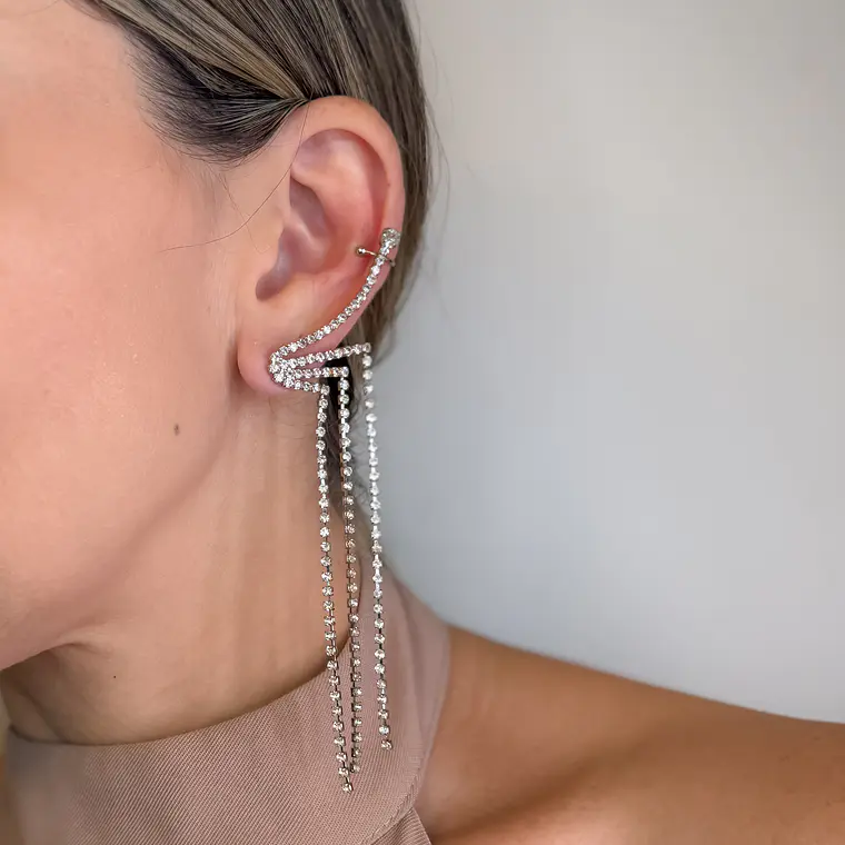 Brinco Ear Cuff com Franja Strass  1
