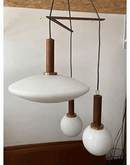 Mid century teak wood  glass globes pendant Light