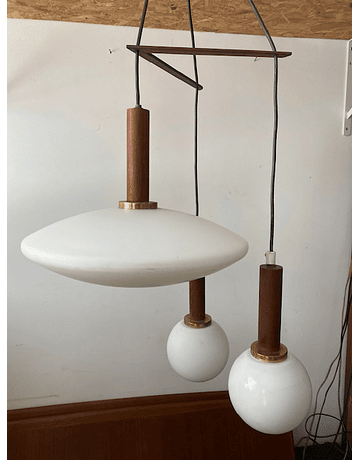 Mid century teak wood  glass globes pendant Light