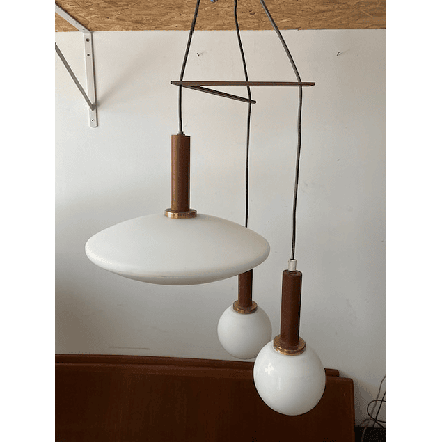 Mid century teak wood  glass globes pendant Light