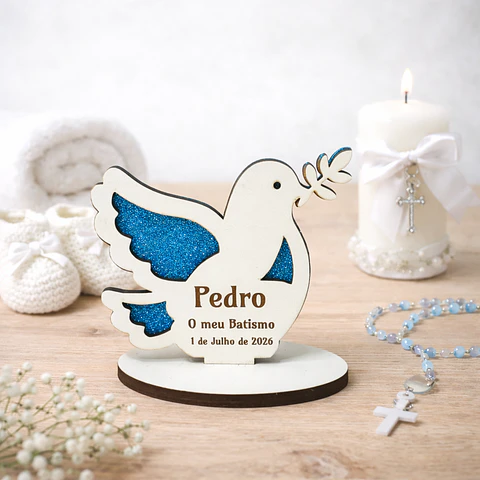 Lembrança de Batismo, Primeira Comunhão, Crisma em forma de Pomba da Paz, fundo em Glitter
