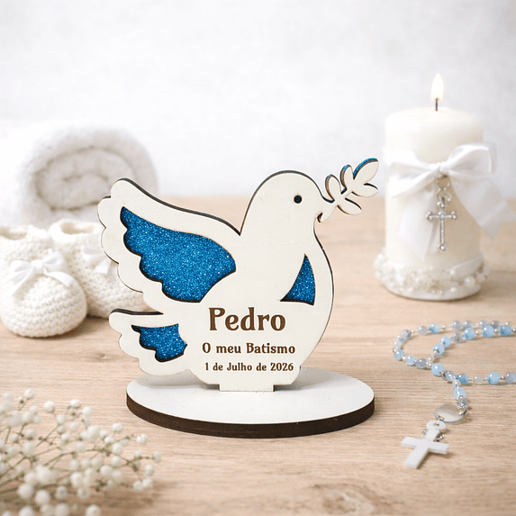 Lembrança de Batismo, Primeira Comunhão, Crisma em forma de Pomba da Paz, fundo em Glitter 1