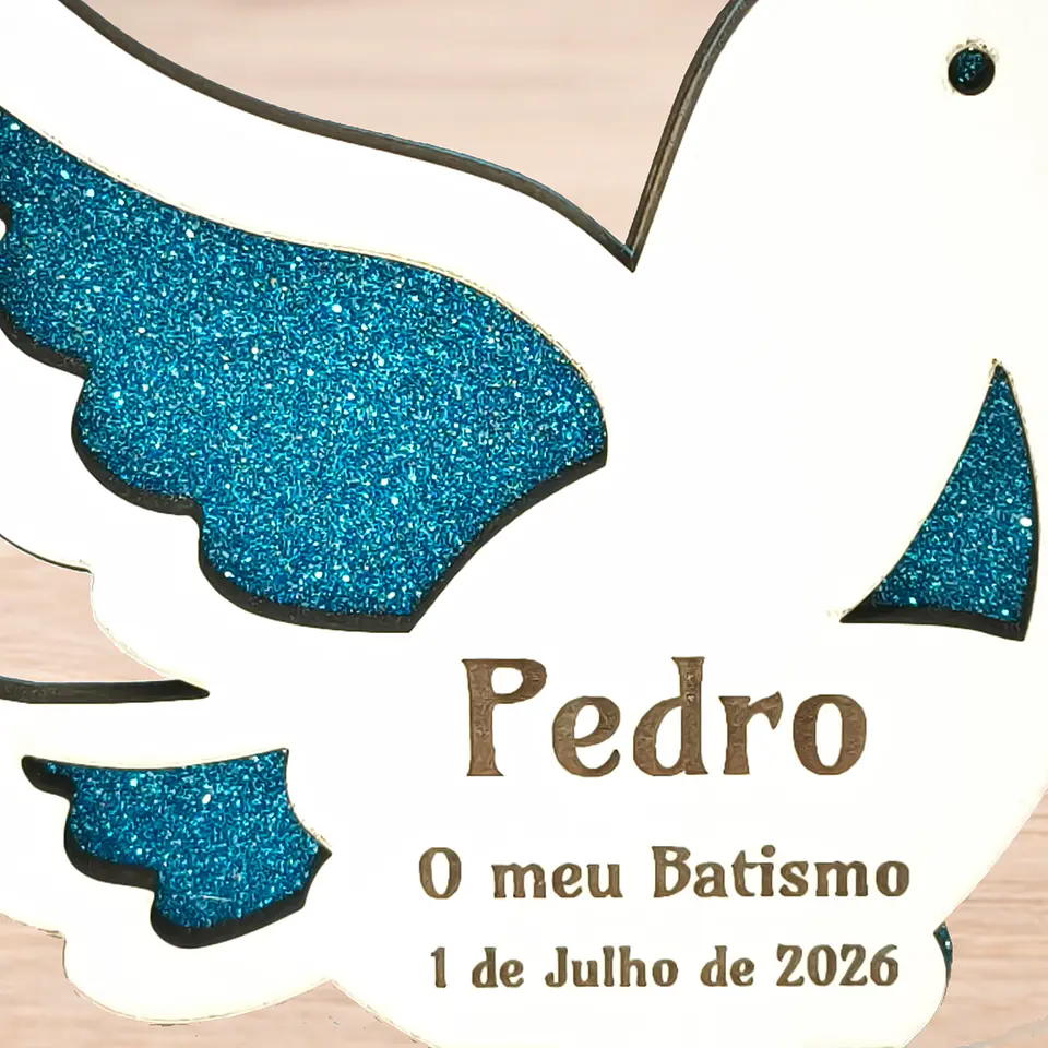 Lembrança de Batismo, Primeira Comunhão, Crisma em forma de Pomba da Paz, fundo em Glitter 2