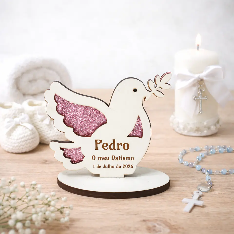Lembrança de Batismo, Primeira Comunhão, Crisma em forma de Pomba da Paz, fundo em Glitter 3