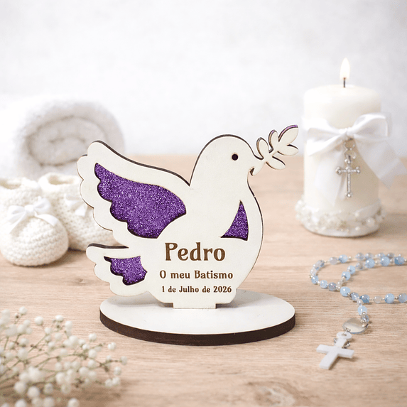 Lembrança de Batismo, Primeira Comunhão, Crisma em forma de Pomba da Paz, fundo em Glitter 4