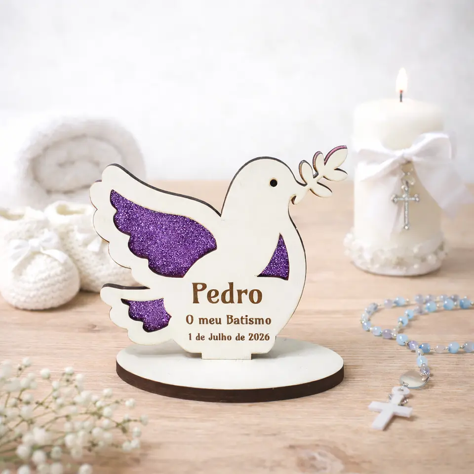 Lembrança de Batismo, Primeira Comunhão, Crisma em forma de Pomba da Paz, fundo em Glitter 4