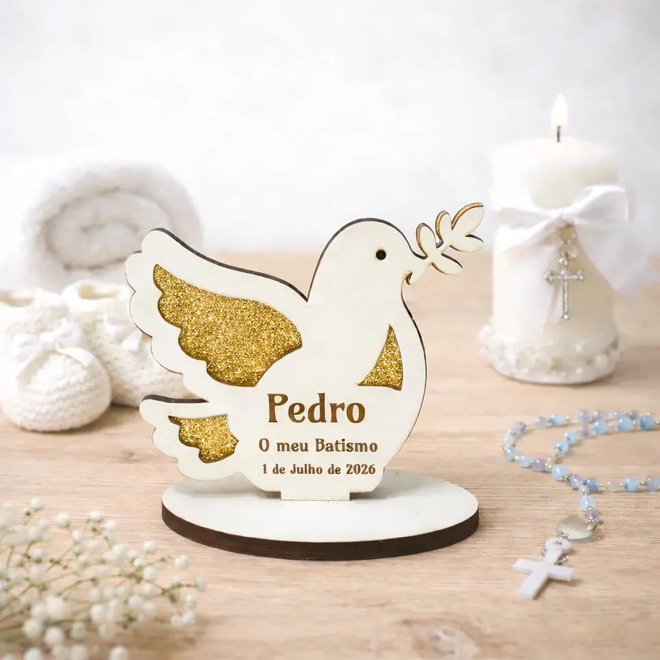 Lembrança de Batismo, Primeira Comunhão, Crisma em forma de Pomba da Paz, fundo em Glitter 5