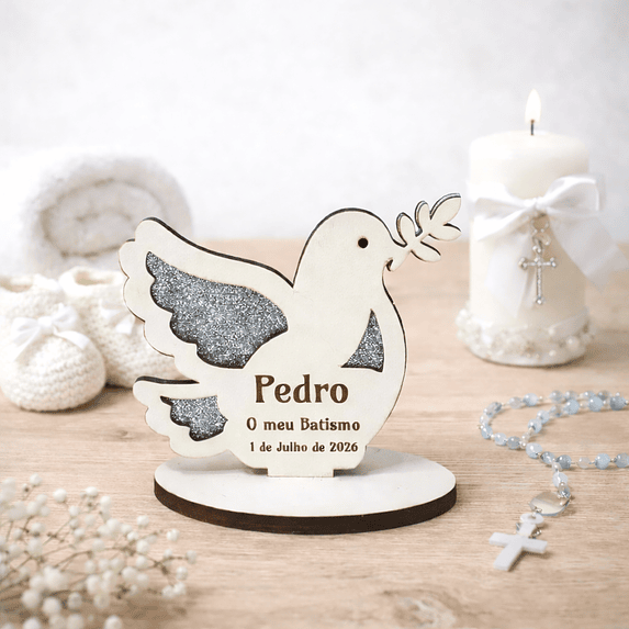 Lembrança de Batismo, Primeira Comunhão, Crisma em forma de Pomba da Paz, fundo em Glitter 6