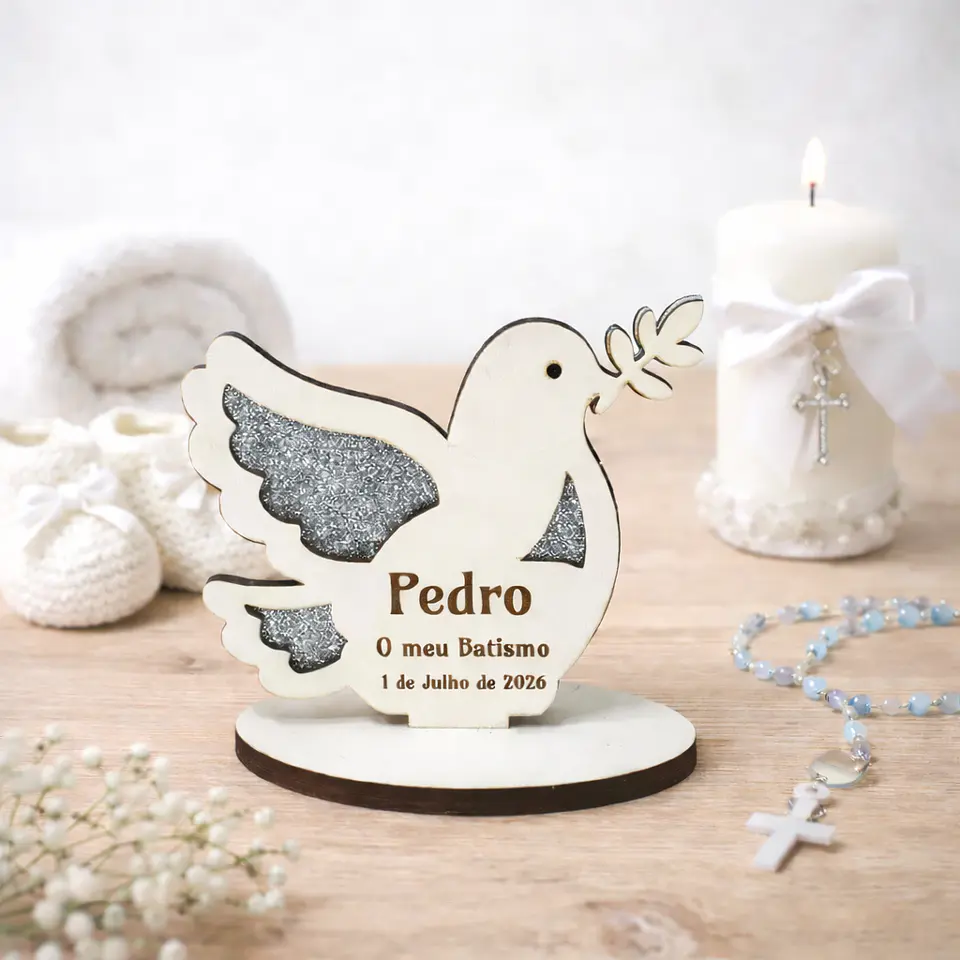 Lembrança de Batismo, Primeira Comunhão, Crisma em forma de Pomba da Paz, fundo em Glitter 6
