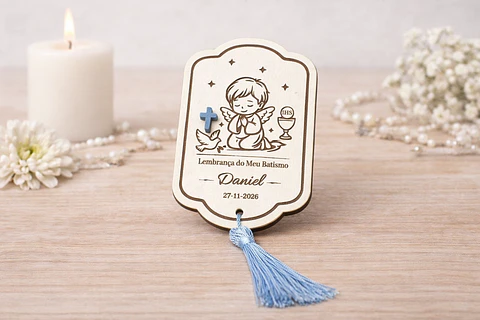 Lembrança de Batismo, Crisma, Primeira Comunhão Personalizada com Anjo - Acabamento Azul ou Branco