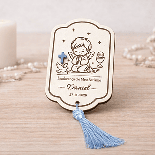 Lembrança de Batismo, Crisma, Primeira Comunhão Personalizada com Anjo - Acabamento Azul ou Branco