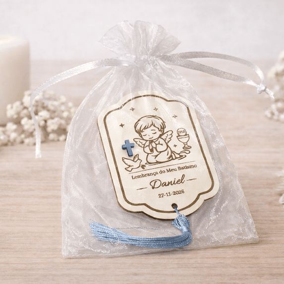 Lembrança de Batismo, Crisma, Primeira Comunhão Personalizada com Anjo - Acabamento Azul ou Branco 2