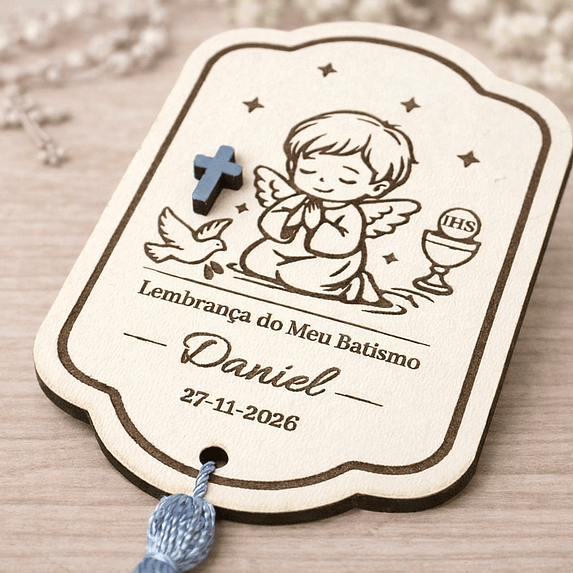 Lembrança de Batismo, Crisma, Primeira Comunhão Personalizada com Anjo - Acabamento Azul ou Branco 3