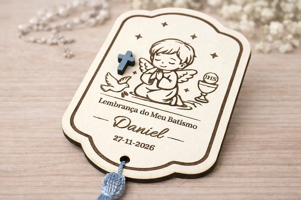Lembrança de Batismo, Crisma, Primeira Comunhão Personalizada com Anjo - Acabamento Azul ou Branco 3