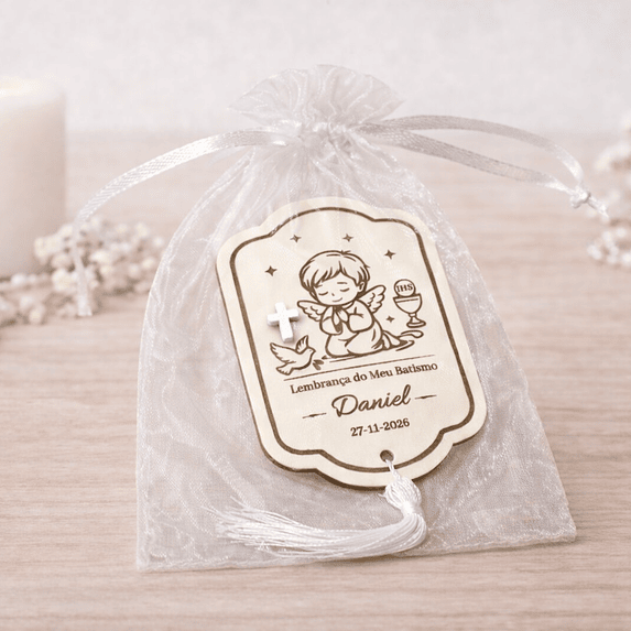 Lembrança de Batismo, Crisma, Primeira Comunhão Personalizada com Anjo - Acabamento Azul ou Branco 4
