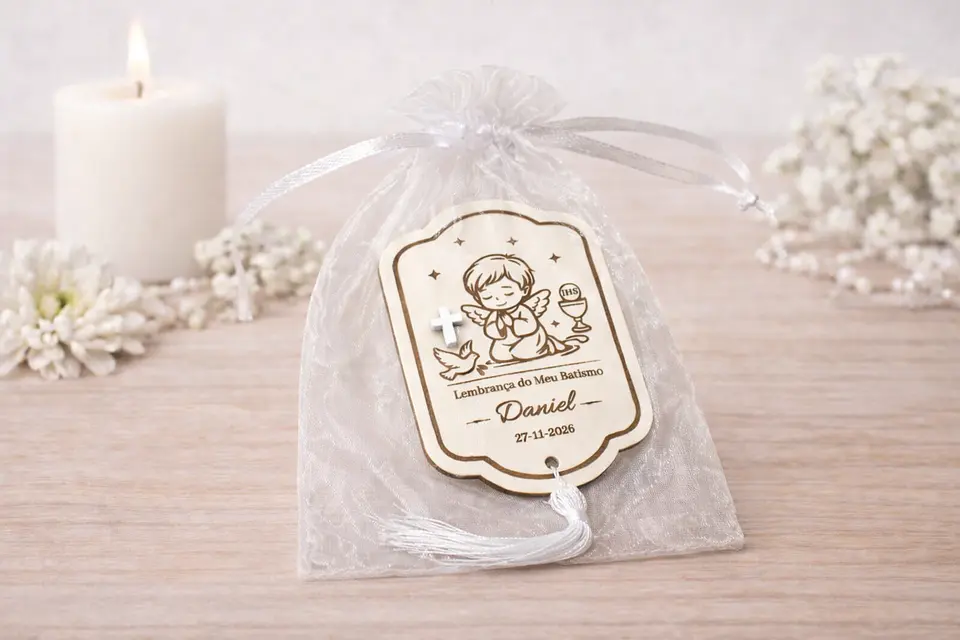 Lembrança de Batismo, Crisma, Primeira Comunhão Personalizada com Anjo - Acabamento Azul ou Branco 4