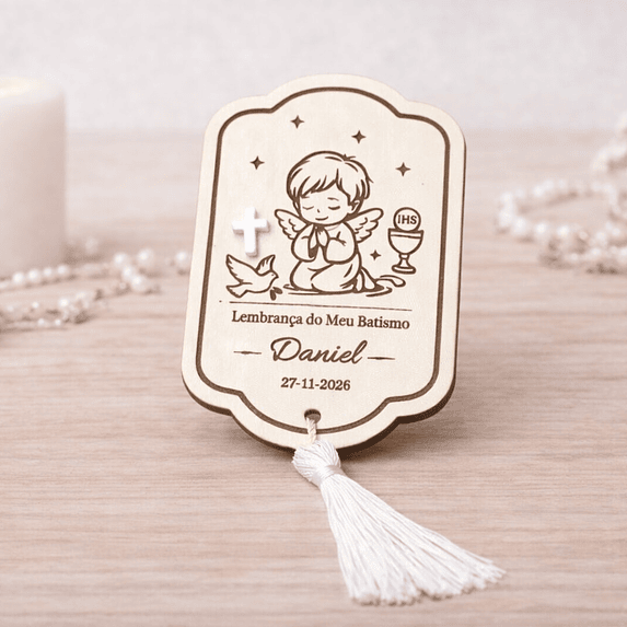 Lembrança de Batismo, Crisma, Primeira Comunhão Personalizada com Anjo - Acabamento Azul ou Branco 5