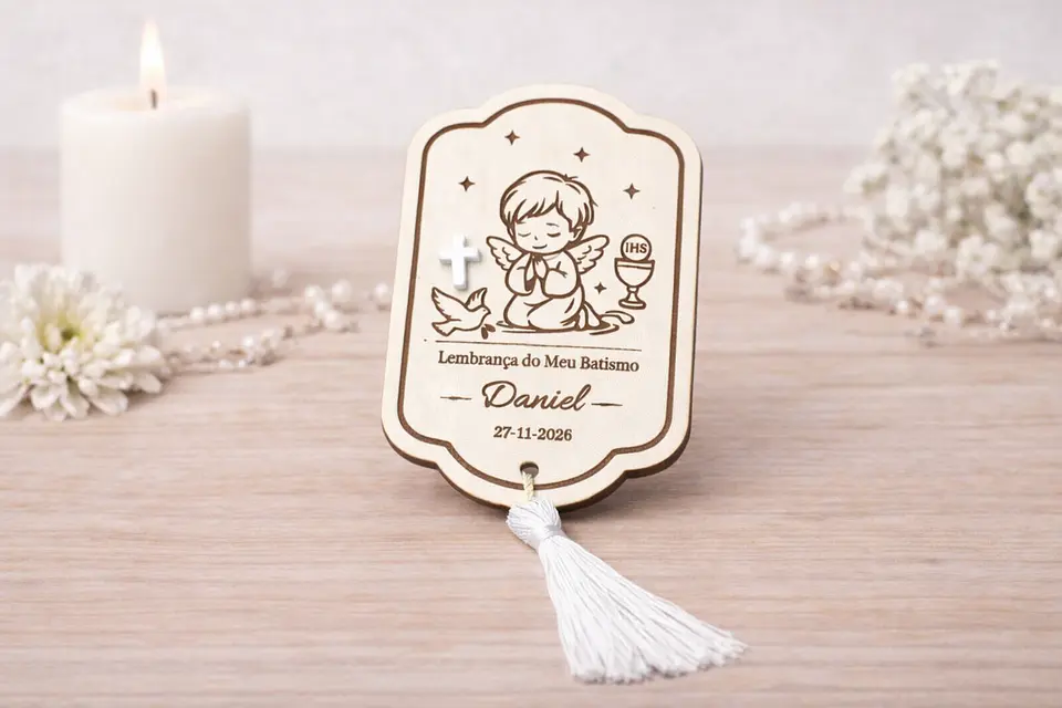 Lembrança de Batismo, Crisma, Primeira Comunhão Personalizada com Anjo - Acabamento Azul ou Branco 5