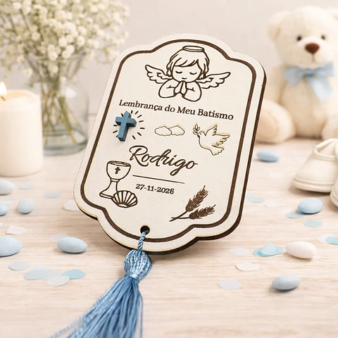 Lembrança de Batismo, Crisma, Primeira Comunhão Personalizada com Anjo e Pomba da Paz - Acabamento Azul, Rosa ou Branco