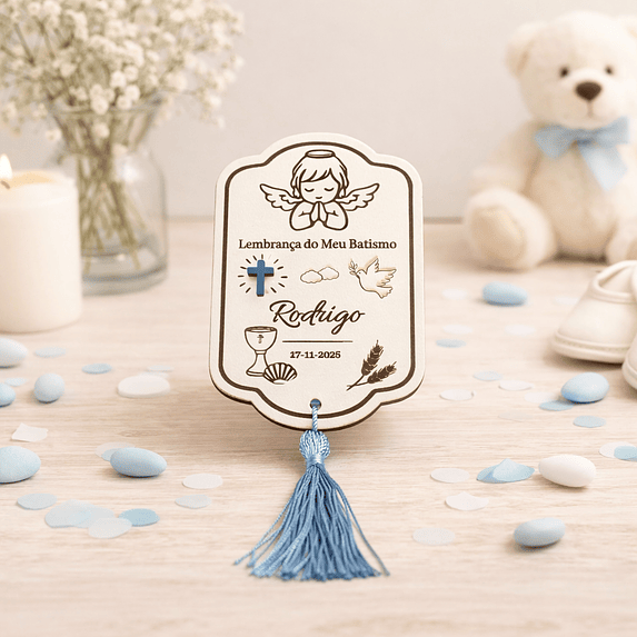 Lembrança de Batismo, Crisma, Primeira Comunhão Personalizada com Anjo e Pomba da Paz - Acabamento Azul, Rosa ou Branco 2