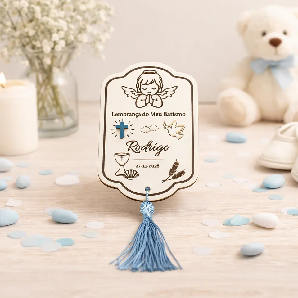Lembrança de Batismo, Crisma, Primeira Comunhão Personalizada com Anjo e Pomba da Paz - Acabamento Azul, Rosa ou Branco 2