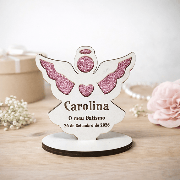 Lembrança de Batismo, Primeira Comunhão, Crisma em forma de Anjo da Guarda, fundo em Glitter 1