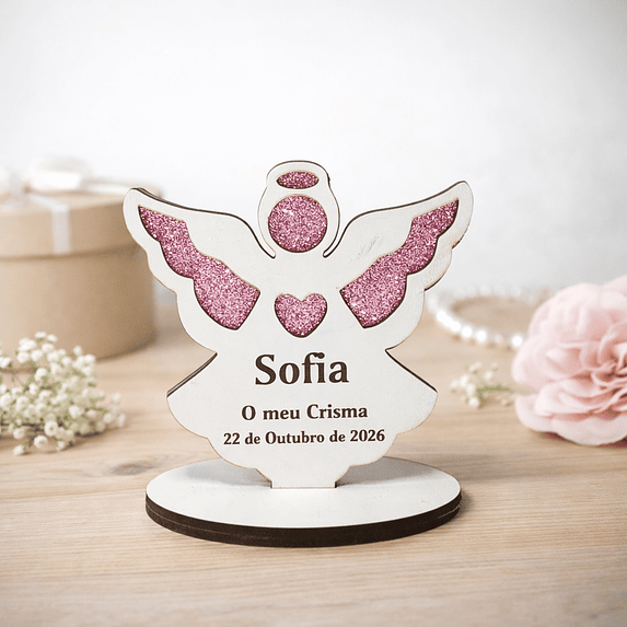 Lembrança de Batismo, Primeira Comunhão, Crisma em forma de Anjo da Guarda, fundo em Glitter 2